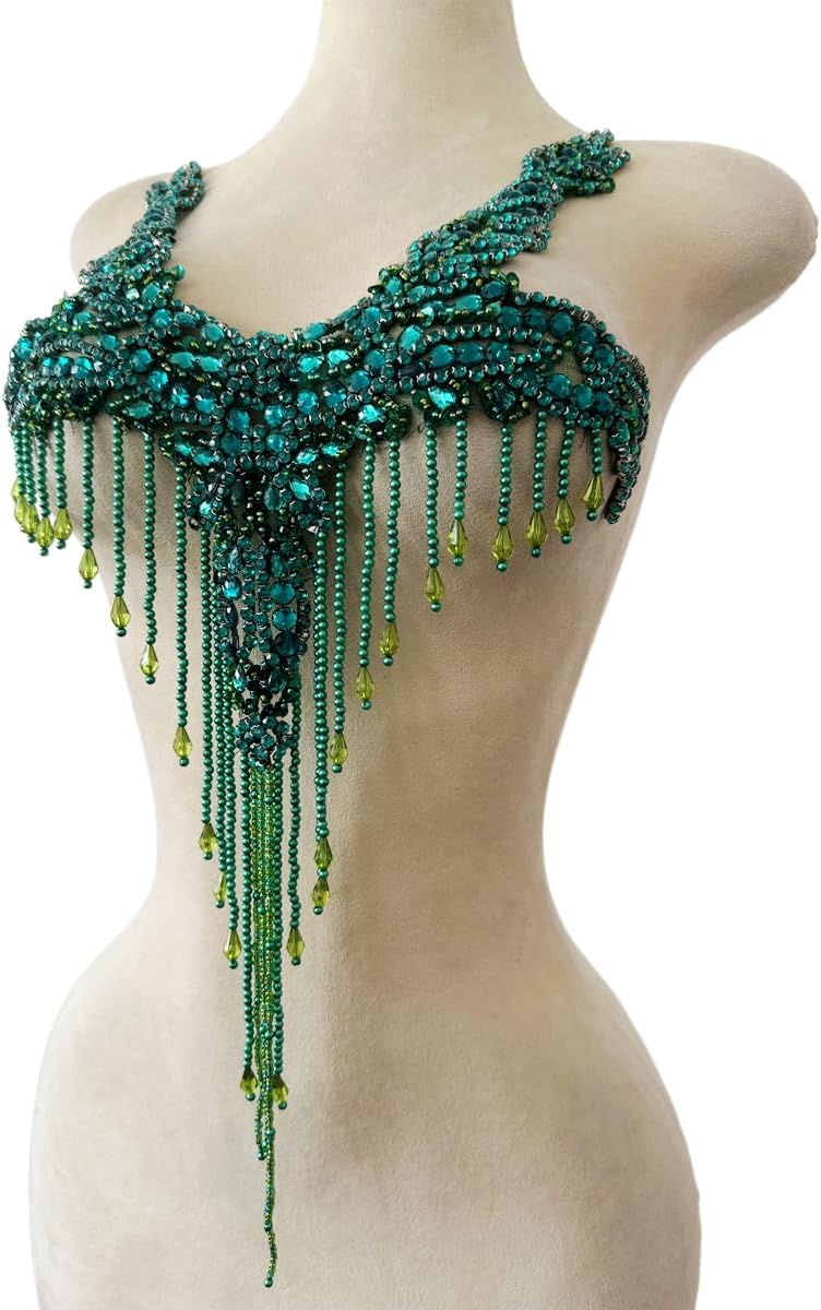 Pure Handmade Rhinestones Beads Patches Trim Bodice Applique Sewing Fringe Tassel Chain for DIY Clothing Wedding Decoration 15X19.6inches (Deepgreen)