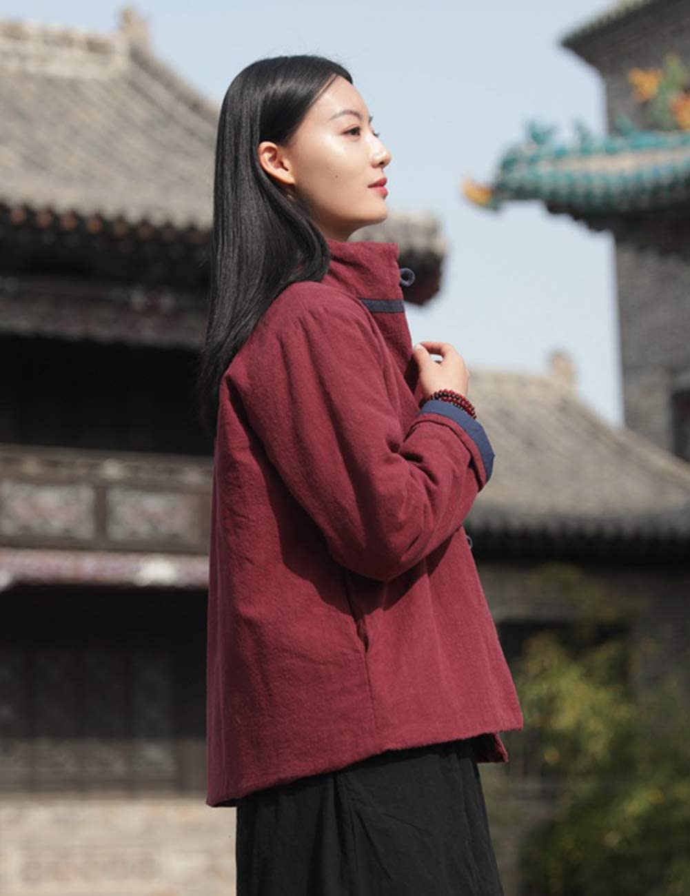 NFYM Veste courte matelassée légère à col montant pour femme, vêtement d'extérieur en coton et lin, style chinois, costume Tang