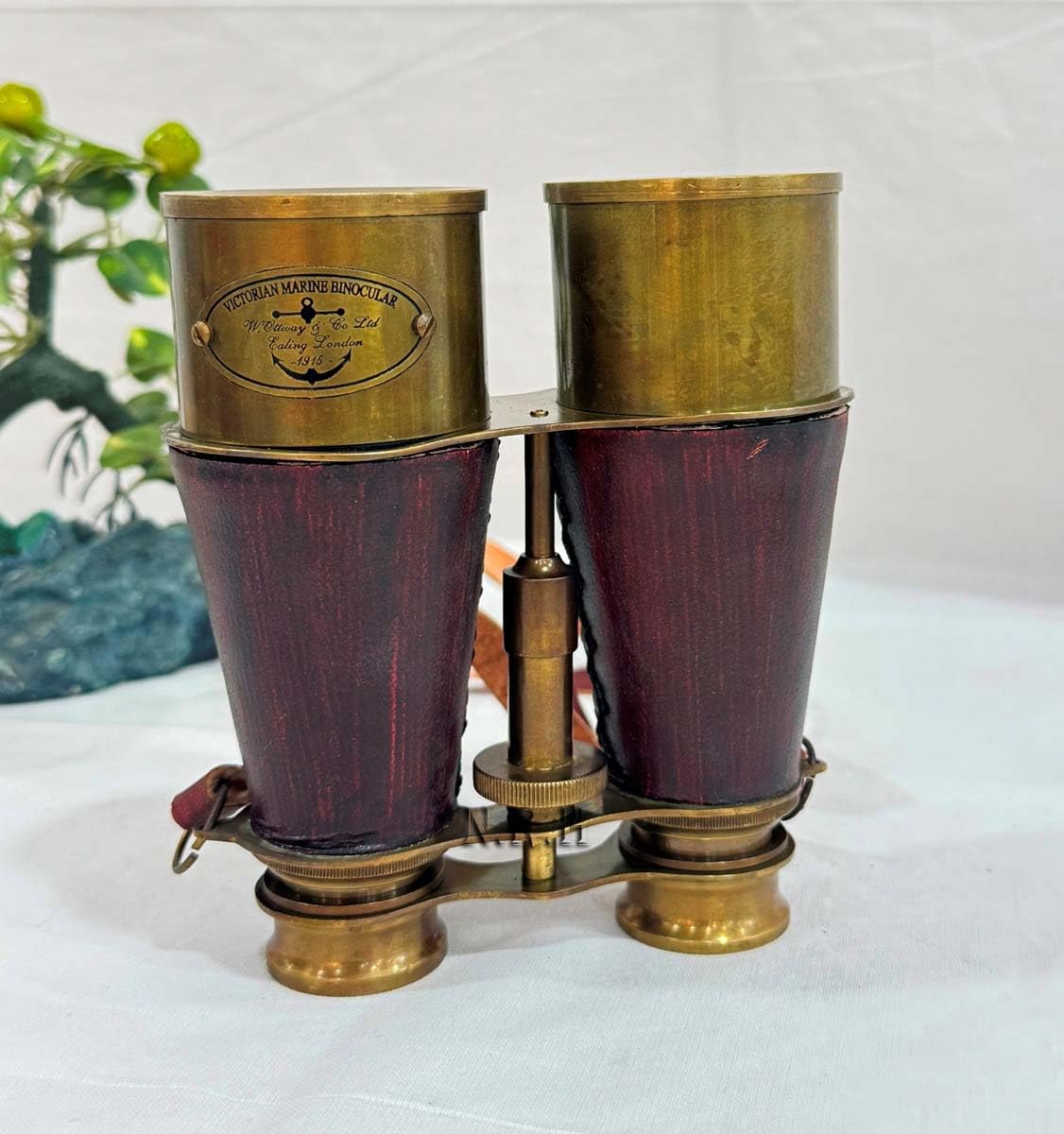 Binocolo nautico vintage in ottone, fatto a mano, con custodia in pelle