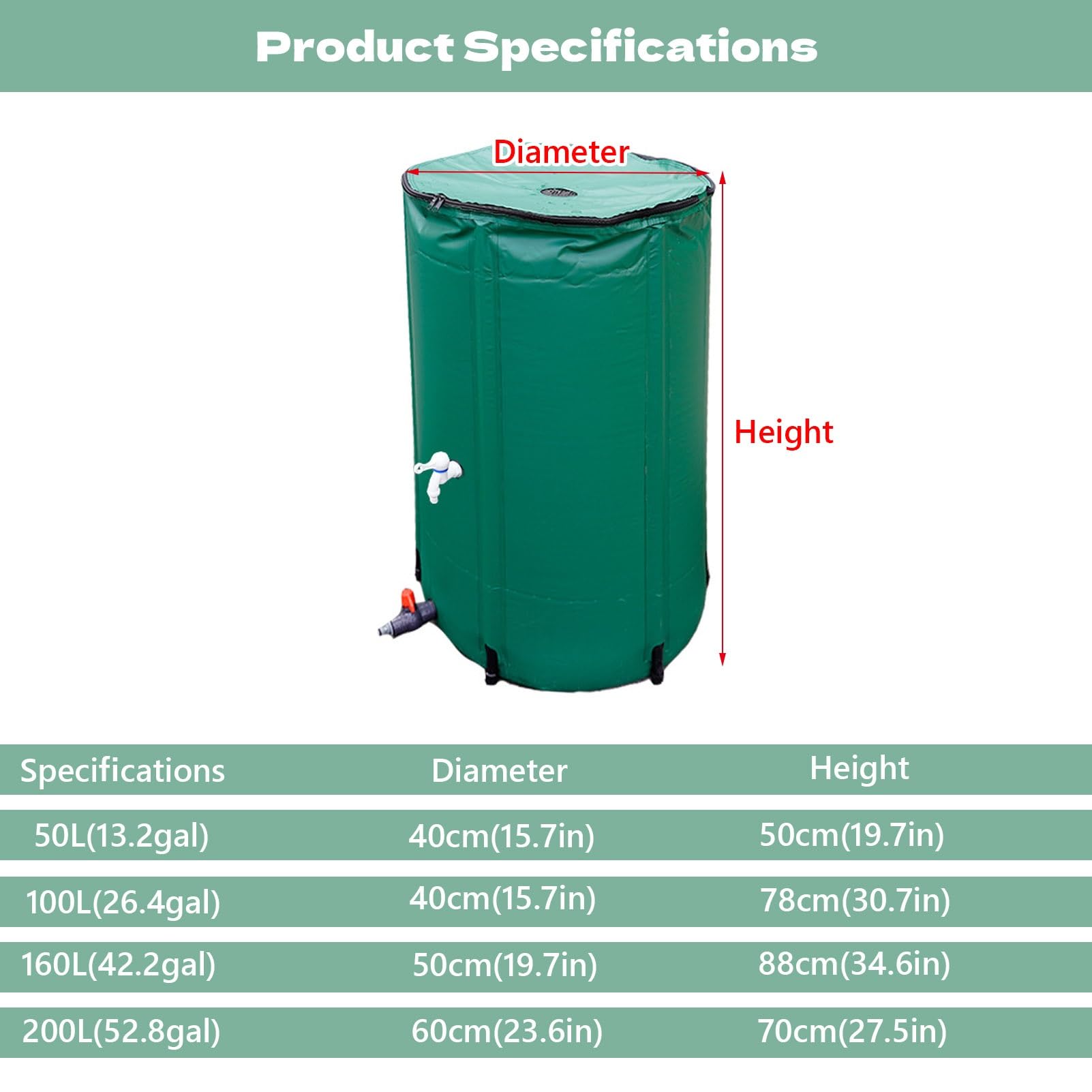 Colector de agua de lluvia portátil 50 100 160 200 L sistema de filtración con grifo para riego de jardín y lavado de coches