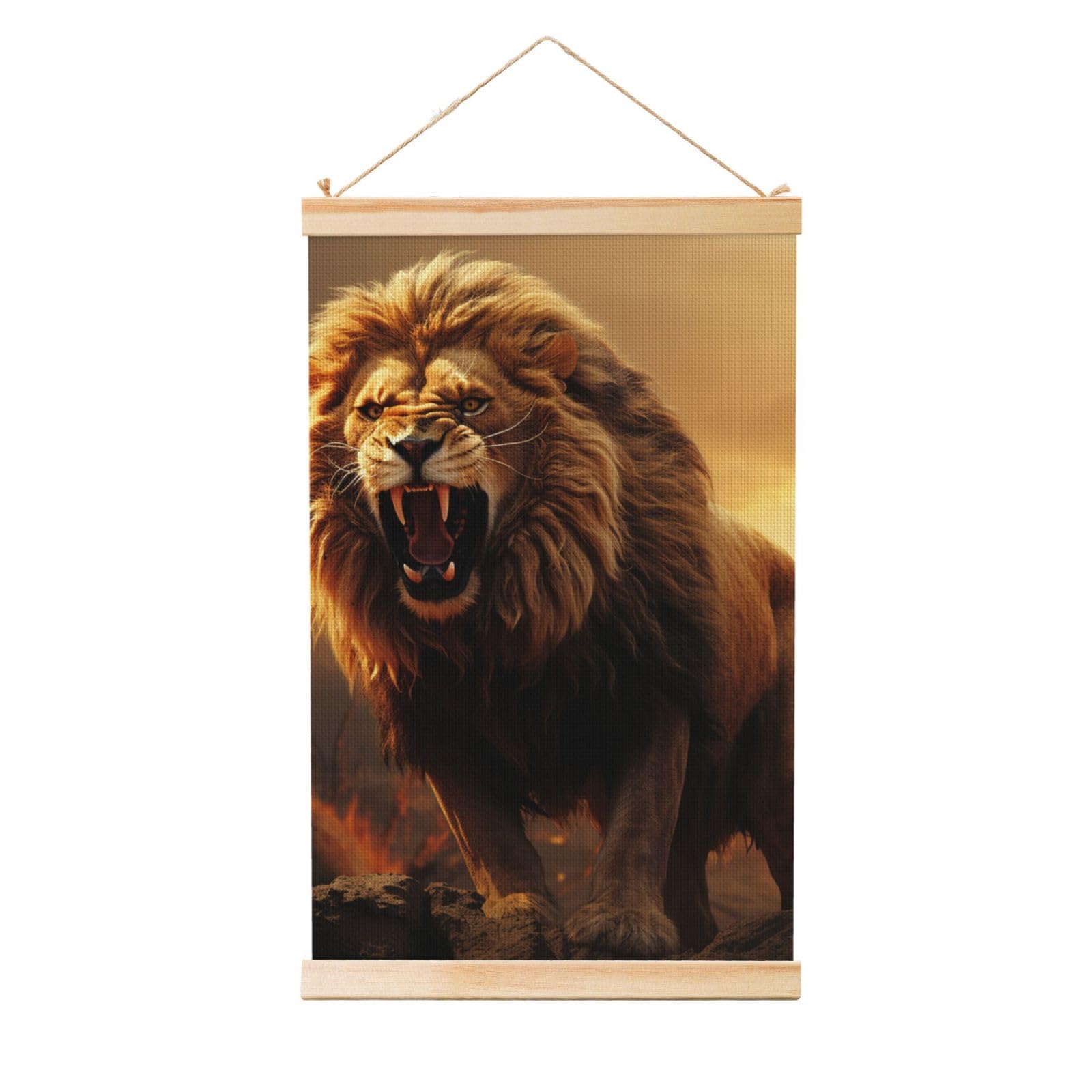 Angry Roaring Lion Poster Wooden Shaft Hanging Poster Wall Hanging Banner Canvas Artwork with Wood Frames 20"x30" Modern Artwork Decor Ready to Hang Wall Art for Home Decor Scroll Painting