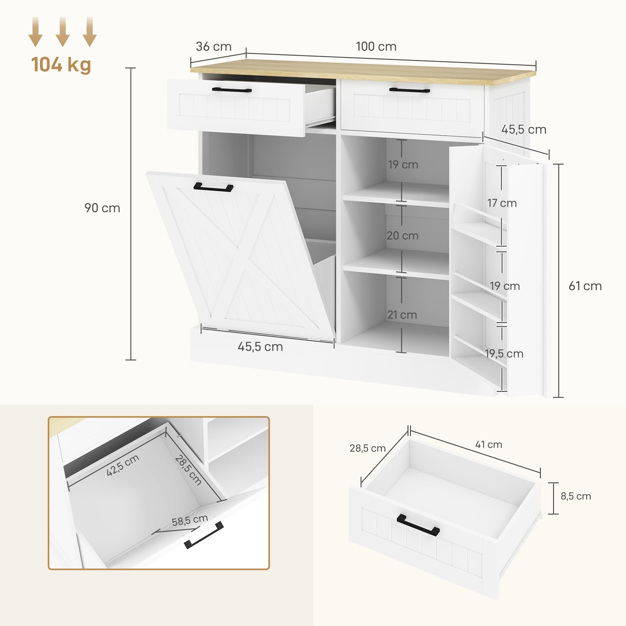 HOMCOM Buffet Cuisine avec Meuble Poubelle 38L, 100 x 36 x 90 cm, Blanc