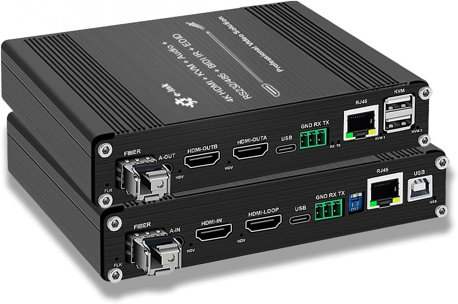 Elenzk 4K@60Hz HDMI KVM Fiber Extender, 20KM by LC SMF SFP Module, Support Dual HDMI Out, RS232, 10/100M Ethernet, Audio, EDID, IR, Plug & Play, USB-C for Easy Configuration