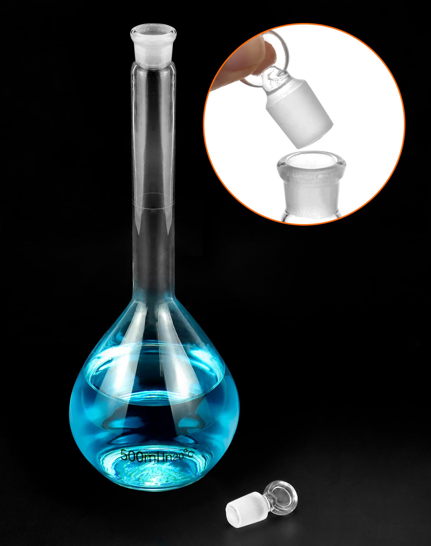 QWORK Frasco volumétrico de 500 ml con tapón de vidrio, vidrio de borosilicato alto 3.3, 2 unidades