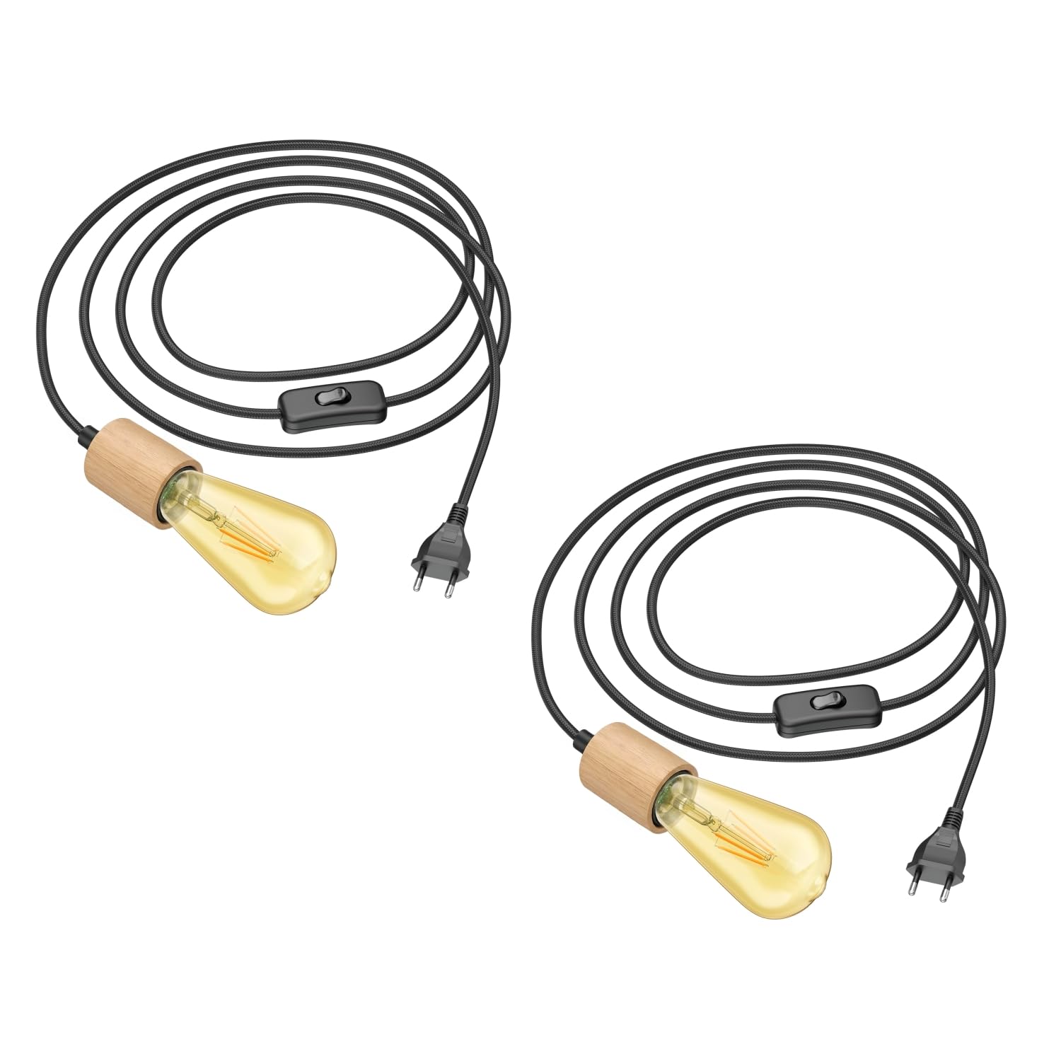 ledscom.de 2 cables textiles KIVO, negros, 3 m, casquillo E27 de madera auténtica, enchufe, interruptor, con bombilla LED incluida, 489 lm, blanco cálido extra