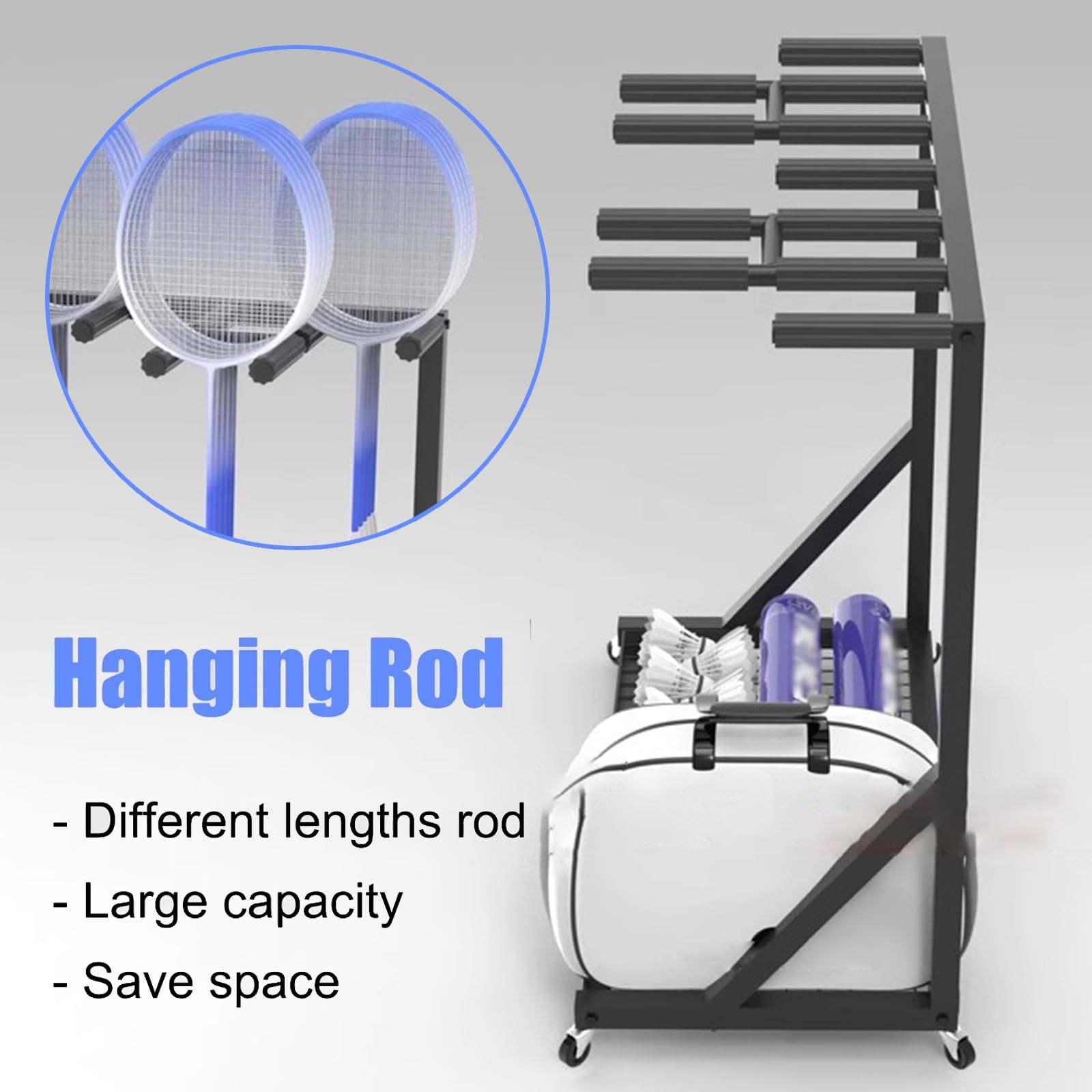 Generico Supporto per Racchette, espositore Mobile, Supporto per Palline da Basket, Supporto per Racchette da Badminton Mobile, Supporto per Racchette Commerciali per Palestra/Campo/Club, Grande capa