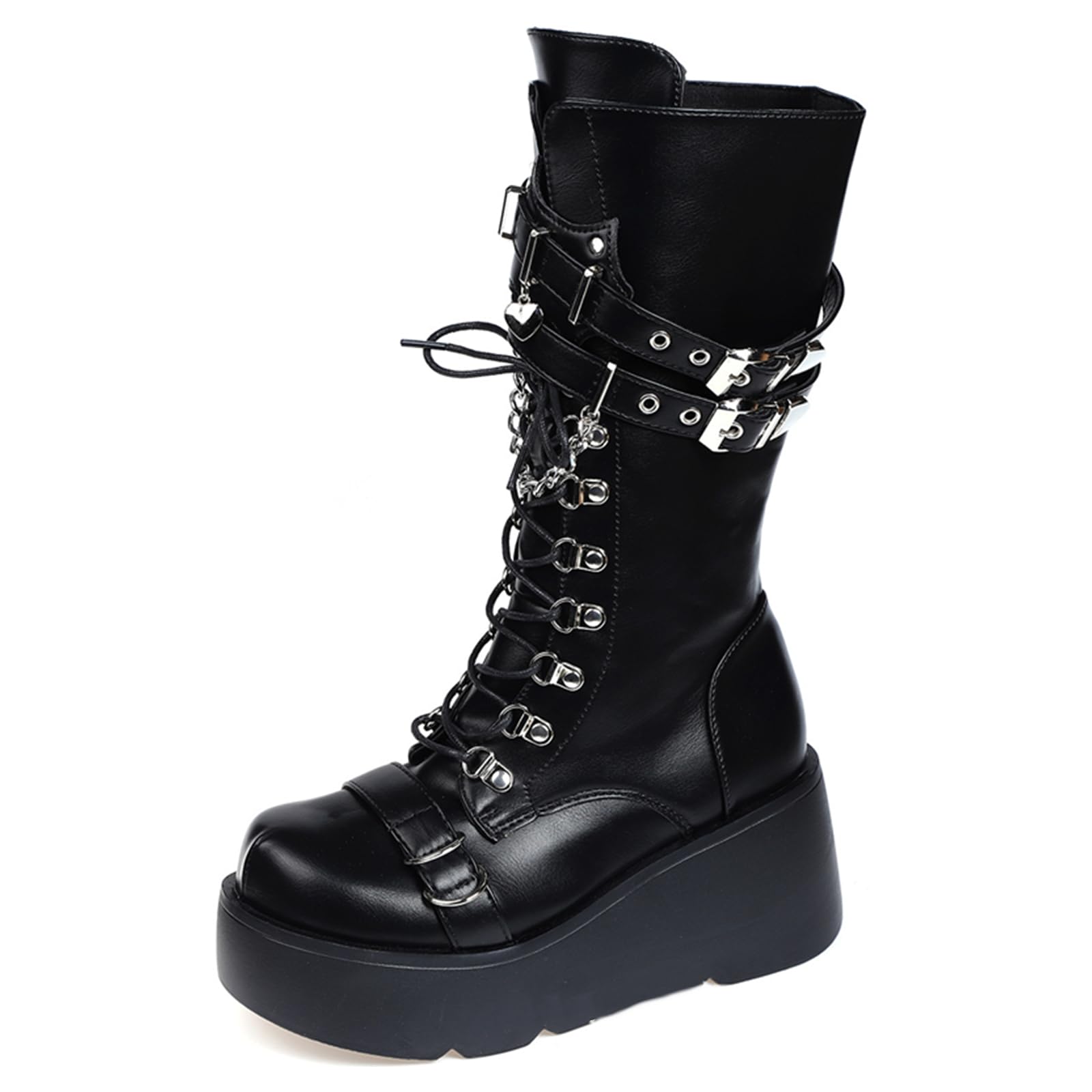 UOQAPRE Womens High Platform Mid Calf Wedges Chunky Booties Heel Round-Toe Side Zip Winter Punk Combat Boots For Women