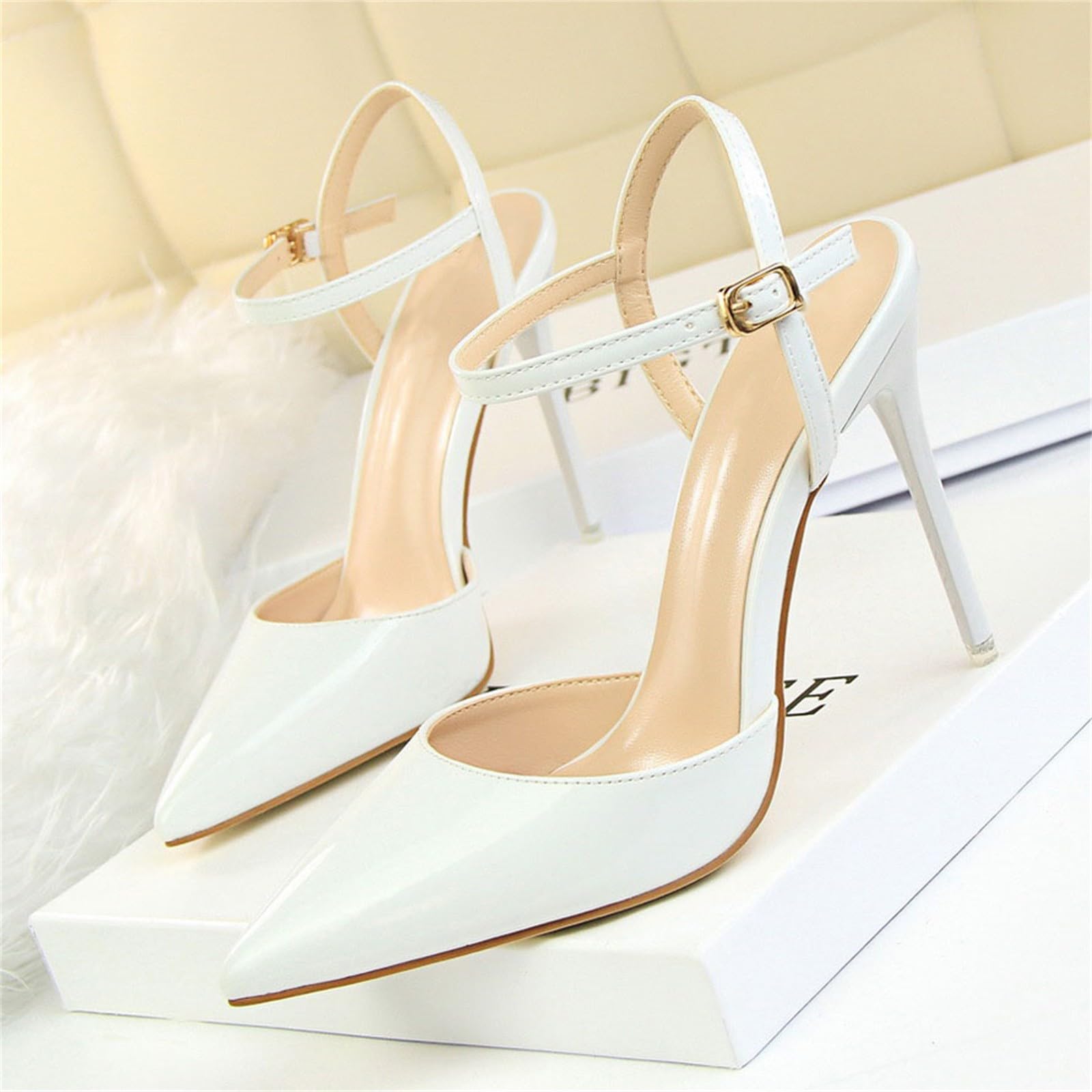 Sandali da donna con tacco, eleganti, a punta, con tacco a spillo | Sandali chiusi in pelle verniciata, con cinturino alla caviglia regolabile, scarpe da sposa per feste, discoteca, matrimoni