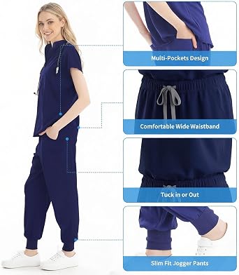 Scrubs for Women Set - Sleeveless Mandarin Collar Scrub Top & Jogger Pants with 7 Pockets for Nursing Medical Uniform