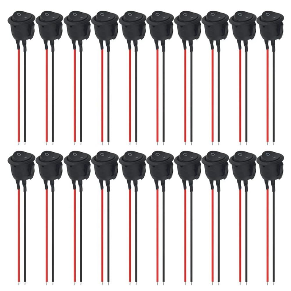 Jnchdghwa As Shown Round Rocker Toggle Switches 12V 20Pcs 2Pin Spst With Wire For Boat, Car 6A/250V Ac Pre-Wired