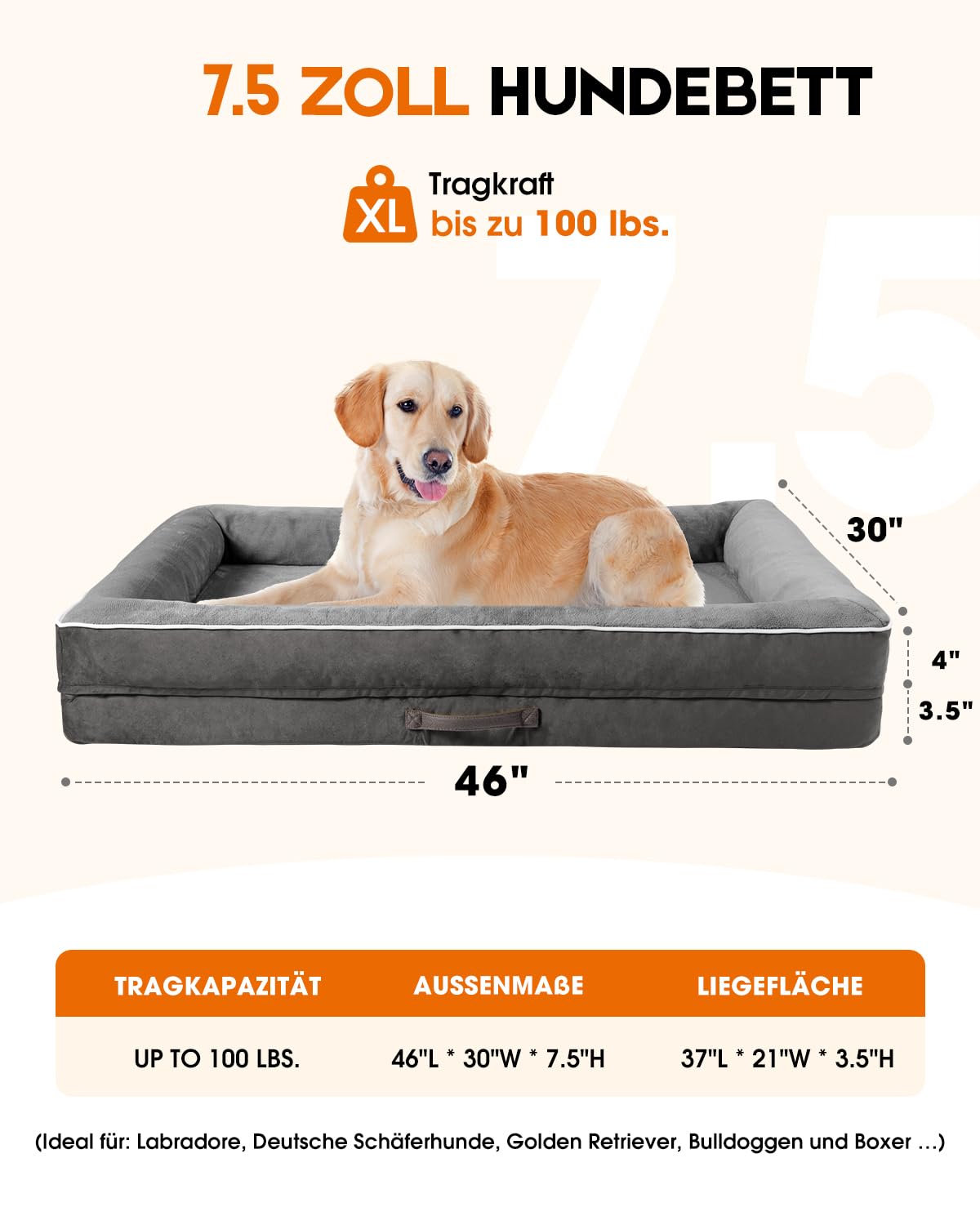 Upvilla Orthopädisches Hundebett XL, Hundekorb Waschbar mit Eierförmiger Kistenschaum，Wasserdicht Hundesofa mit rutschfeste Unterseite und Vierseitiges Kissen (Grau, L117xB76xH19cm)