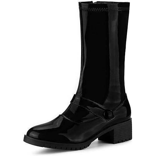 Allegra K Women's Mid Calf Boots Chunky Heels Patent Leather GO GO Boots