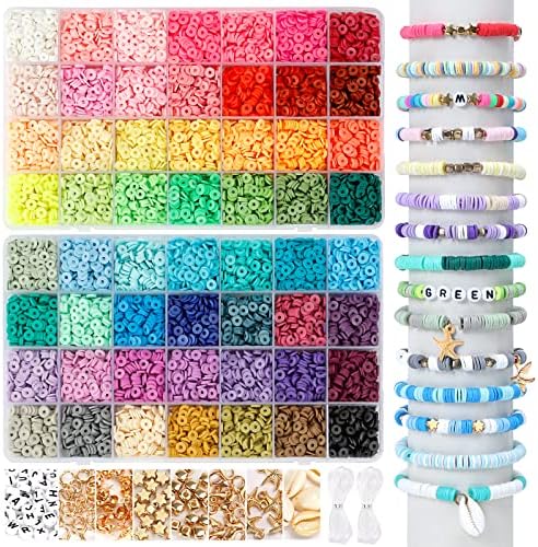 QUEFE 14420pcs Clay Beads for Bracelet Making Kit, 56 Colors Spacer Heishi Flat Round Polymer Clay Beads with Pendant Charms Kits and Elastic Strings