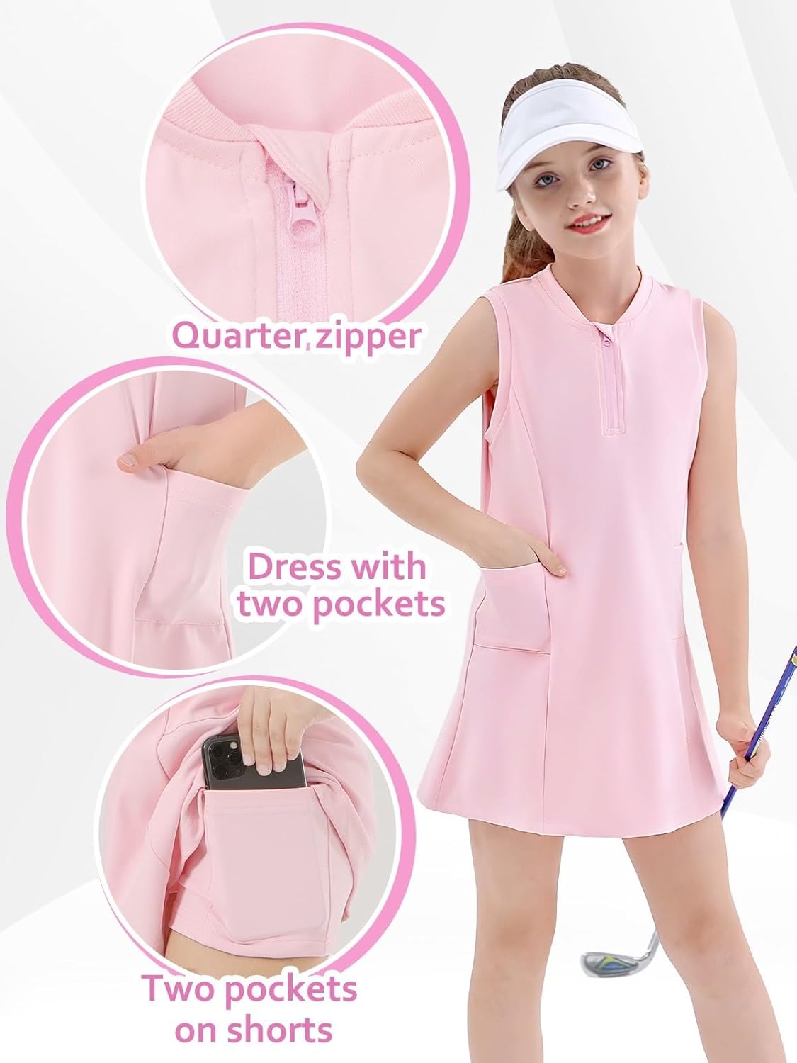Girls Tennis Dress with Shorts Pockets Sleeveless Workout Athletic Dresses A-Line Kids Golf Outfit Quarter Zip - Image 3