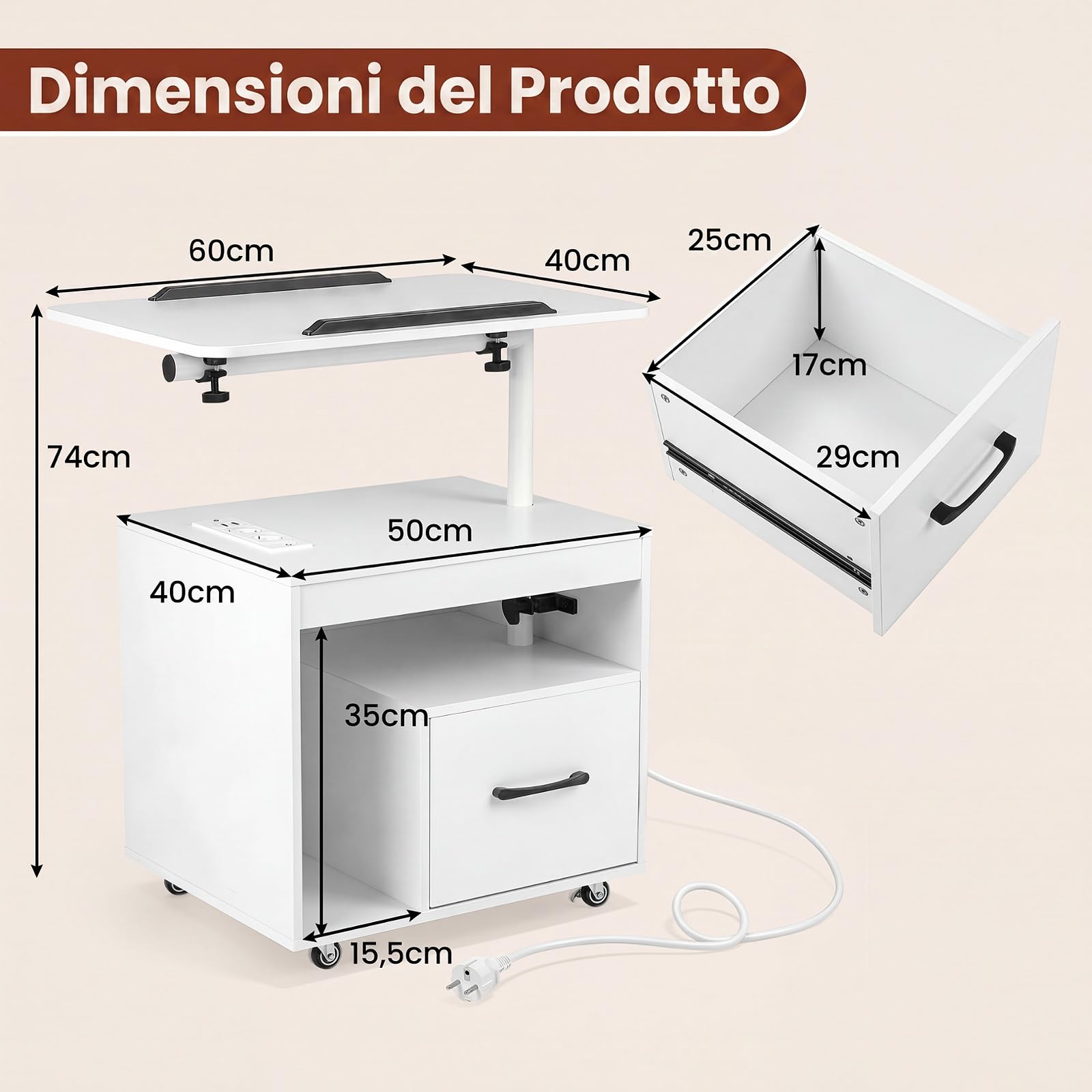 COSTWAY Comodino Camera da Letto con Piano Ribaltabile Girevole (Bianco,1) | con 4 Ruote, Luci LED, Cassetto e Stazione di Ricarica, Comodino Salvaspazio in Legno per Soggiorno, 60 x 40 x 74 cm
