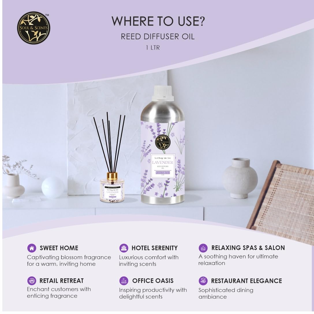 Soul & Scents Lavender Reed Diffuser Refill for Fragrance | Free 18 Fiber Reed Sticks | Long Lasting | Smoke Less Room Freshener for Home, Bedroom, Living Room & Office | 1Ltr 2