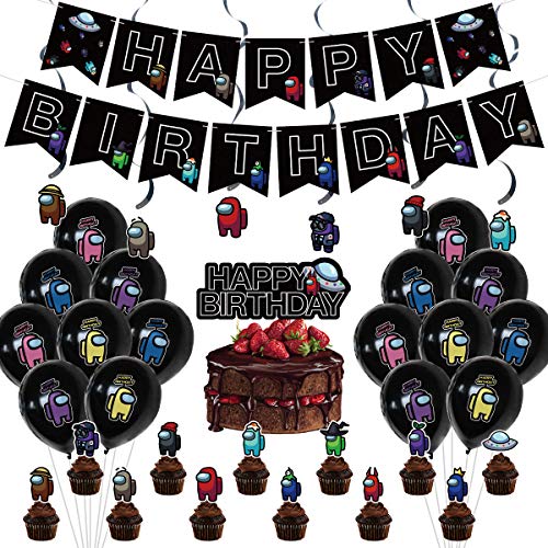 Popular Game Among Us Party Decoration Set of 136, Among Us Party Supplies Include Happy Birthday Banner, Latex Balloons, Cake Cupcake Toppers, Stickers for Among Us Fans - Thumbnail 5