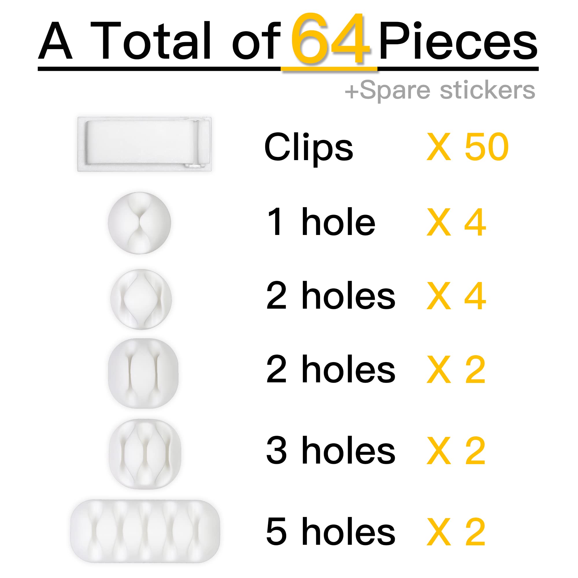 64 Pieces Cable Clips Kit Including 50Pcs Strong Self-Adhesive Organizer Clips and 14Pcs Desk Clips Set, Multipurpose Wire Management Clamps for Tablet Laptop Computer TV Home Office Car (White)