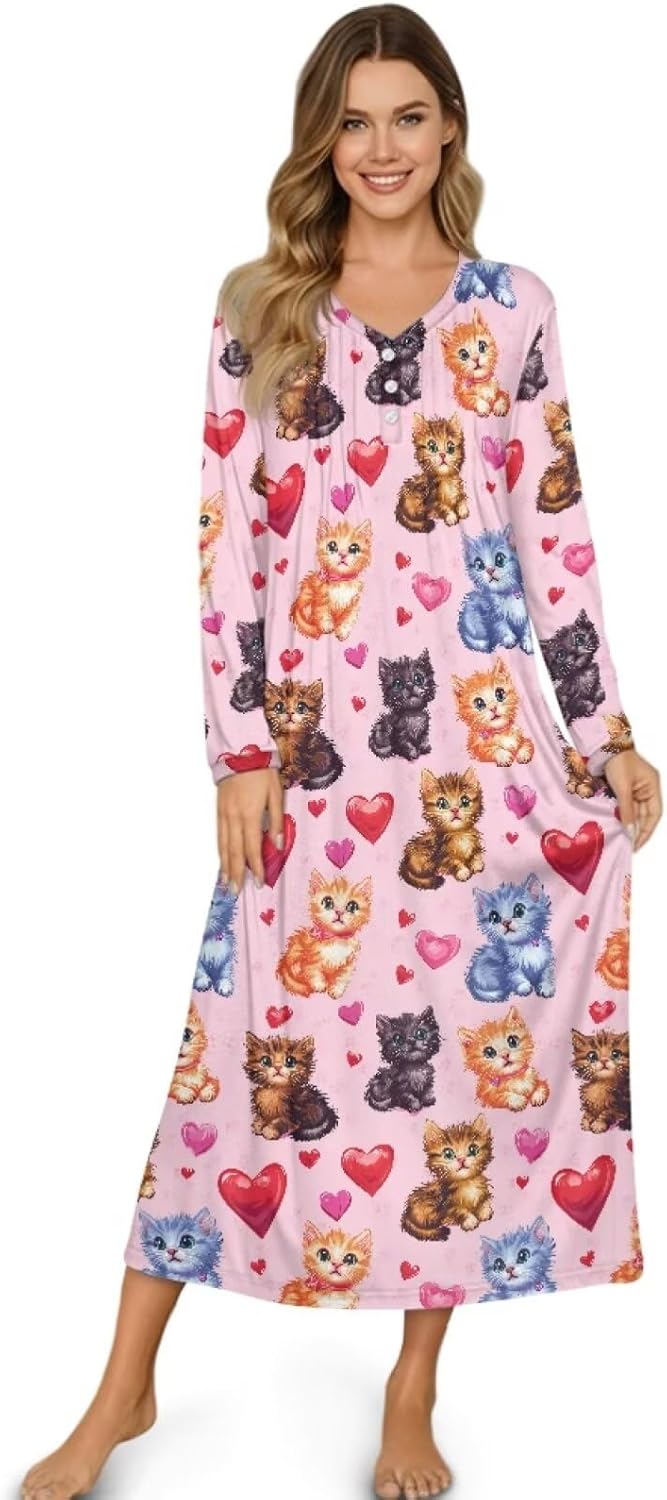 WELLFLYHOM Valentine's Day Womens Nightgown S-4XL Loungewear V Neck Nightshirt Long Sleeve Sleepwear Full Length Sleepshirt