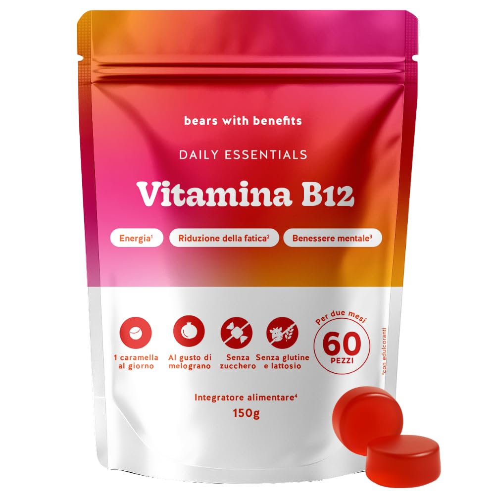 Vitamina B12 400µg Gummies - Daily Essentials – Metabolismo Energetico, Riduzione della Stanchezza – Difese Immunitarie – 60 Pezzi (2 mesi) – Vegan, Senza Zucchero – Bears with Benefits