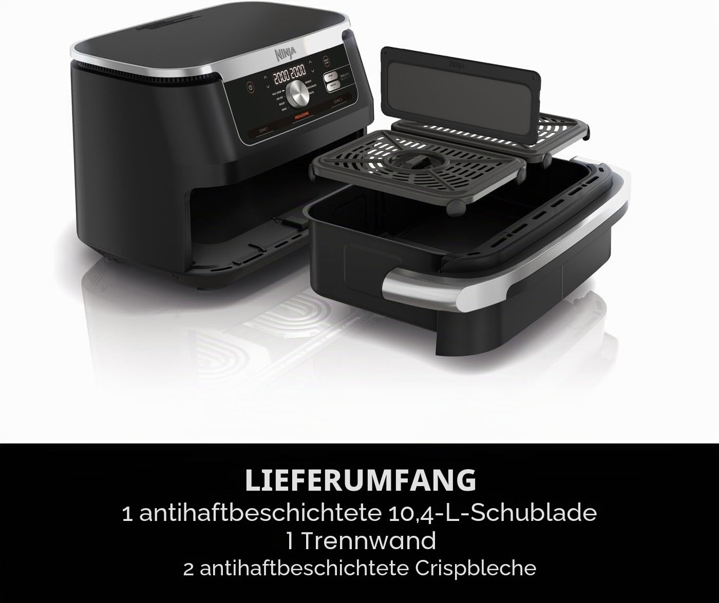 Ninja Foodi FlexDrawer Doppelzone Luftfritteuse mit herausnehmbarer Trennwand, 10,4 l große Schublade, 7-in-1 Ölfreie Luftfritteuse für Frittieren, Braten, Backen mit maximaler Knusprigkeit
