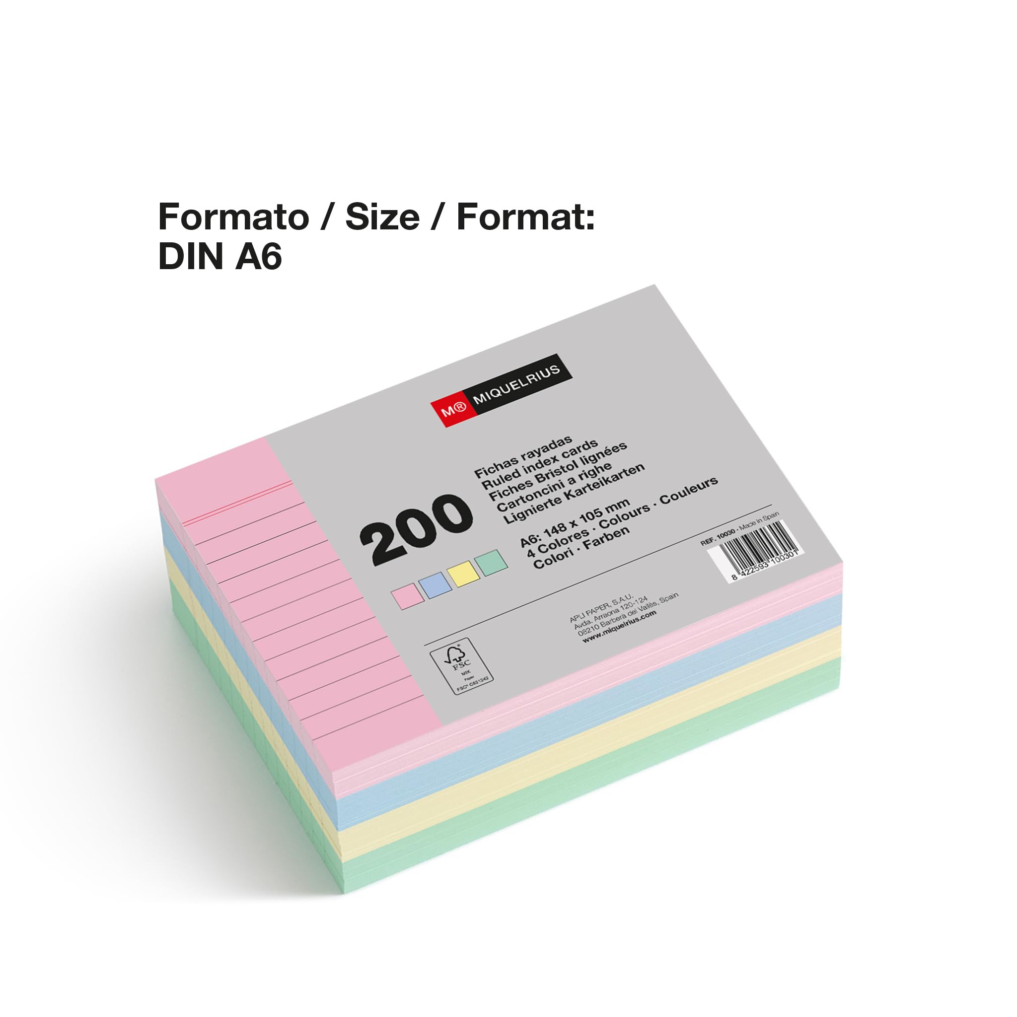 Miquelrius – Fiszki do nauki, 200 kartek na notatki, poziomo w linie, format A6, 105 x 148 mm, papier offsetowy 200 g/m², pastelowe kolory