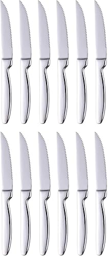 Miniatura 6 de TAFAAL Juego de 6 cuchillos de acero inoxidable, resistentes a la corrosión, hoja afilada dentada, mango de acero inoxidable, cuchillo de mesa de