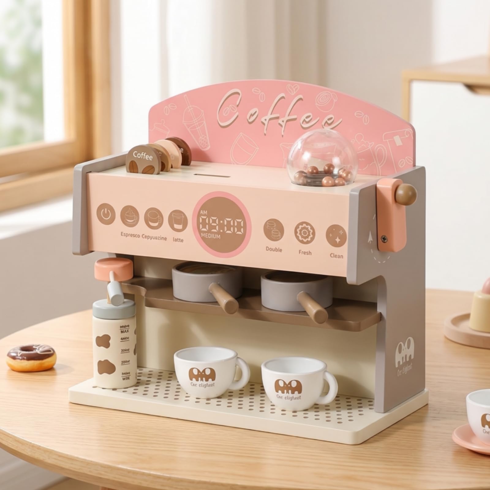 Accessori Inclusi a Tema Cucina Macchina Caffè Giocattolo in Legno Gioco di Imitazione per Bambini