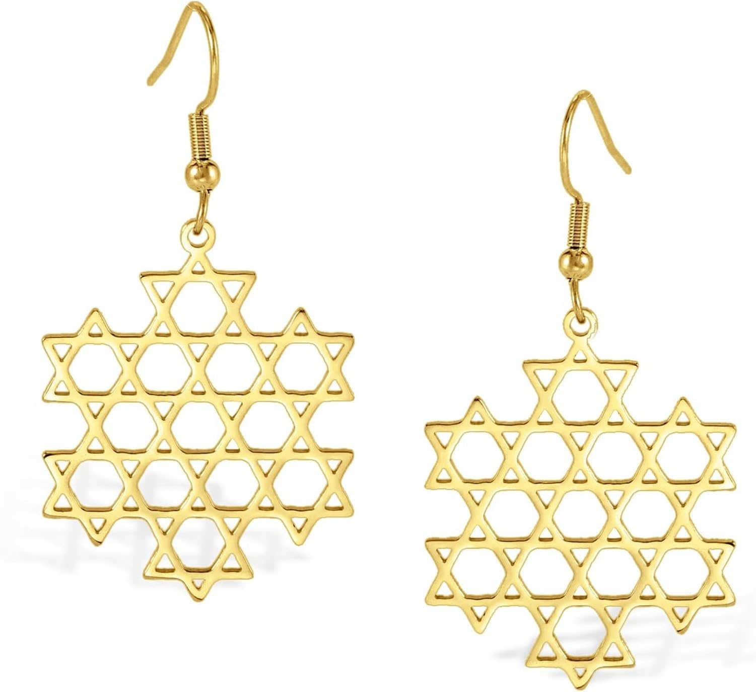 KGAIXN Gold Israeli Star Earrings Stainless Steel Six Pointed Dangle Star of David Drop Earrings Women Christian Jewish for Cross Hanukkah Religion Gift Idea, Gold Hexagram Earrings