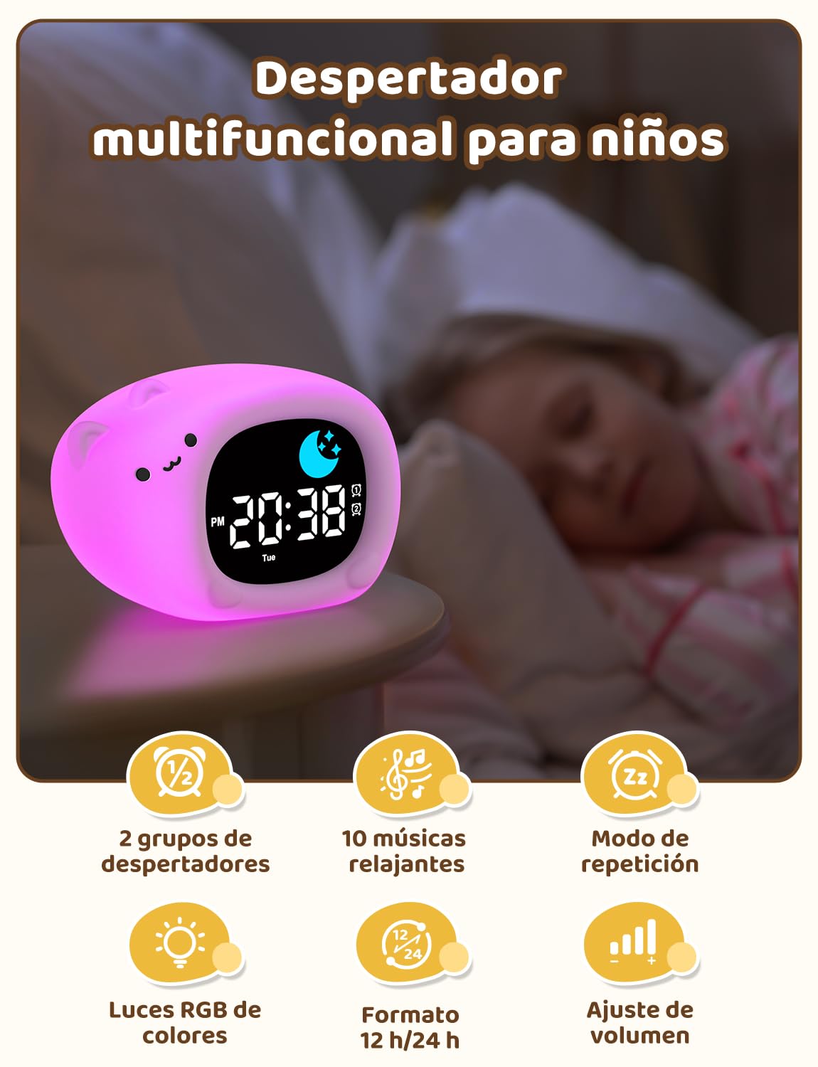Yissvic Despertador infantil para principiantes en la escuela, despertador para niños con luz nocturna, modo de repetición, visualización de fecha, bebé, silencioso, despertador para niñas, habitación