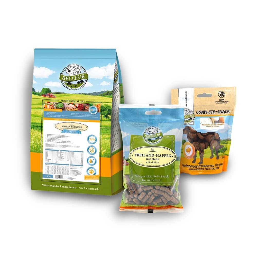 Bellfor Welpenfutter Set für große Rassen Wiesen-Schmaus Junior 4 kg Freiland-Happen 200g und Gelenke & Knochen Kapseln 30 Stück mit Ovopet