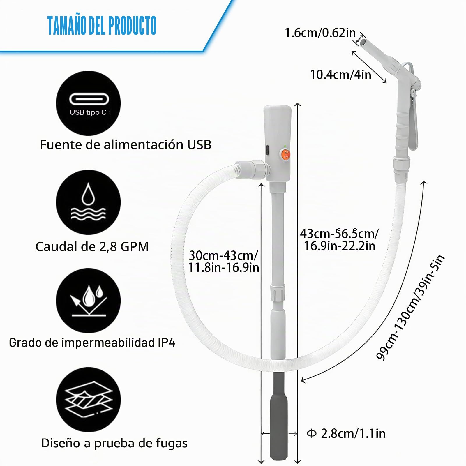 Bomba de transferencia eléctrica – Doble alimentación (USB-C/AA), 2,8 GPM (10,6 L/min), bomba de transferencia de combustible eléctrica con parada automática para gasolina, diésel, bomba de