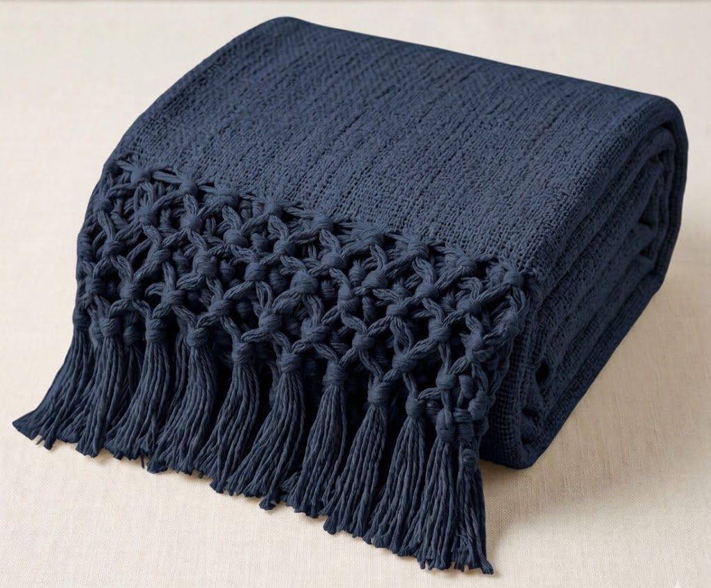 HAKAM Cotton Throw Blanket with Macrame Tassels for 3 Seater Sofa | Ideal for Your Home, Living Room, Sofa, Bed, Chair, Picnic & Used for Gift - 50X70 inch (Navy Blue, 128x178 cm)-image-25