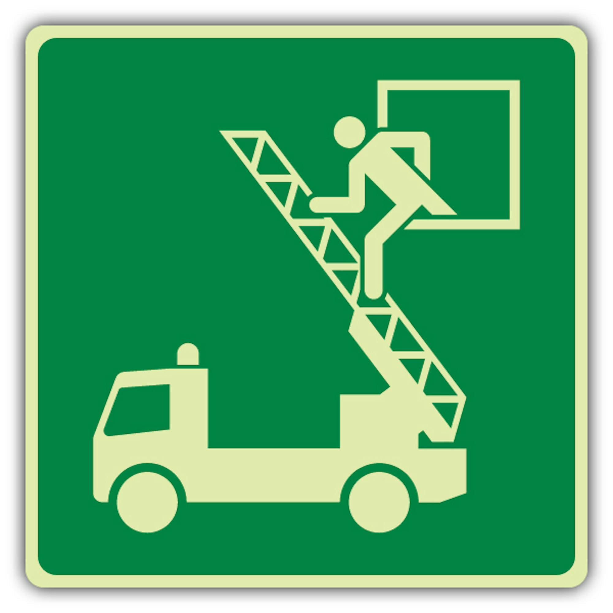 V Safety - Señal de evacuación con diseño de camión de bomberos que brilla en la oscuridad, formato de símbolo, 450 x 450 mm, hecho de plástico rígido de doble brillo, señalización de seguridad contra