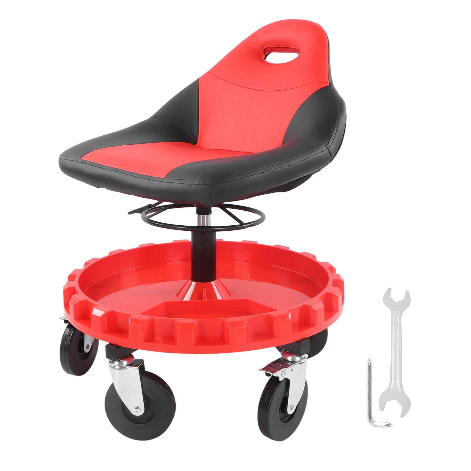 Cocoarm Asiento Móvil para Taller con Ruedas, Altura Ajustable 53-66 cm, Bandeja de Almacenamiento, Capacidad 136 kg, Rojo y Negro