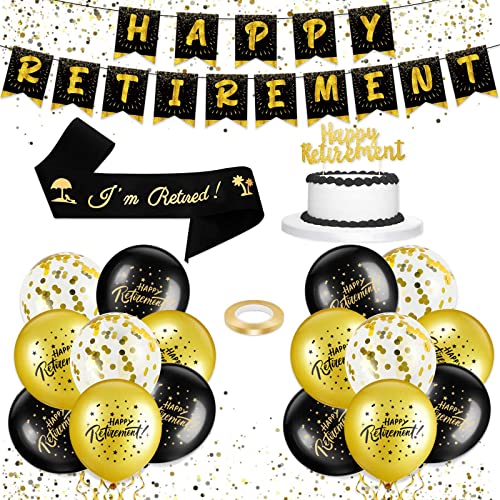 19 Pieces Retirement Party Decorations Black Gold Happy Retirement Banner Balloons Im Retired Sash Gold Glitter Happy Cake Topper with Party Ribbon for Male Female Retired Decoration Supplies