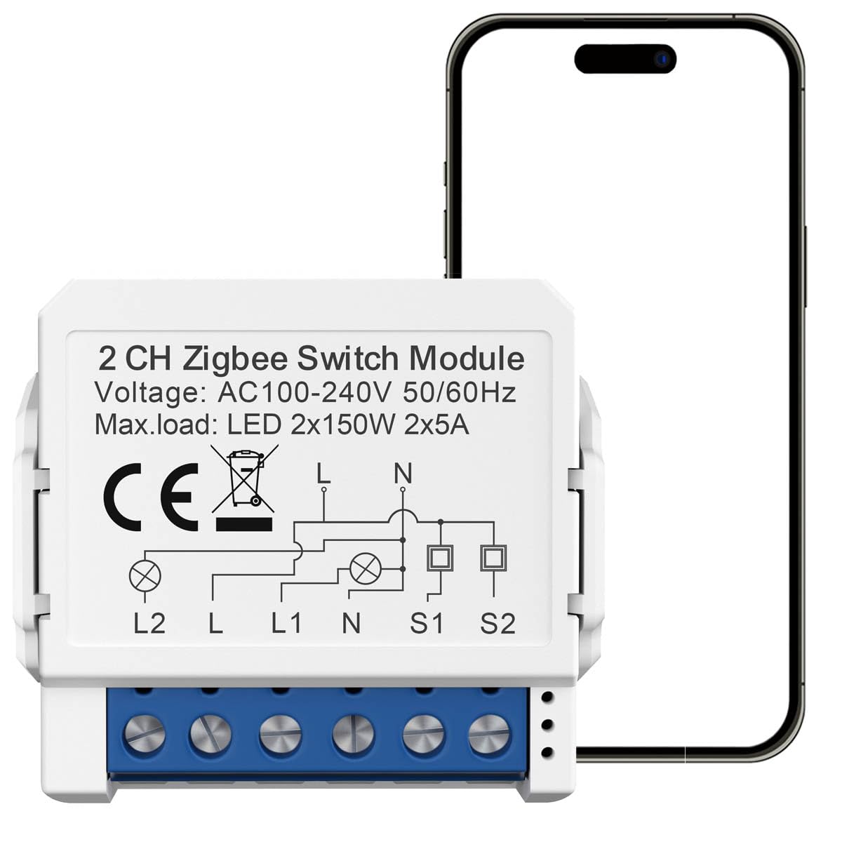 Commutateur intelligent Zigbee Commutateur ZigBee Mini commutateurs intelligents pour éclairage 2 voies 2x5A Neutre requis, pour la domotique, Compatible avec Alexa/Google Home Assistant,