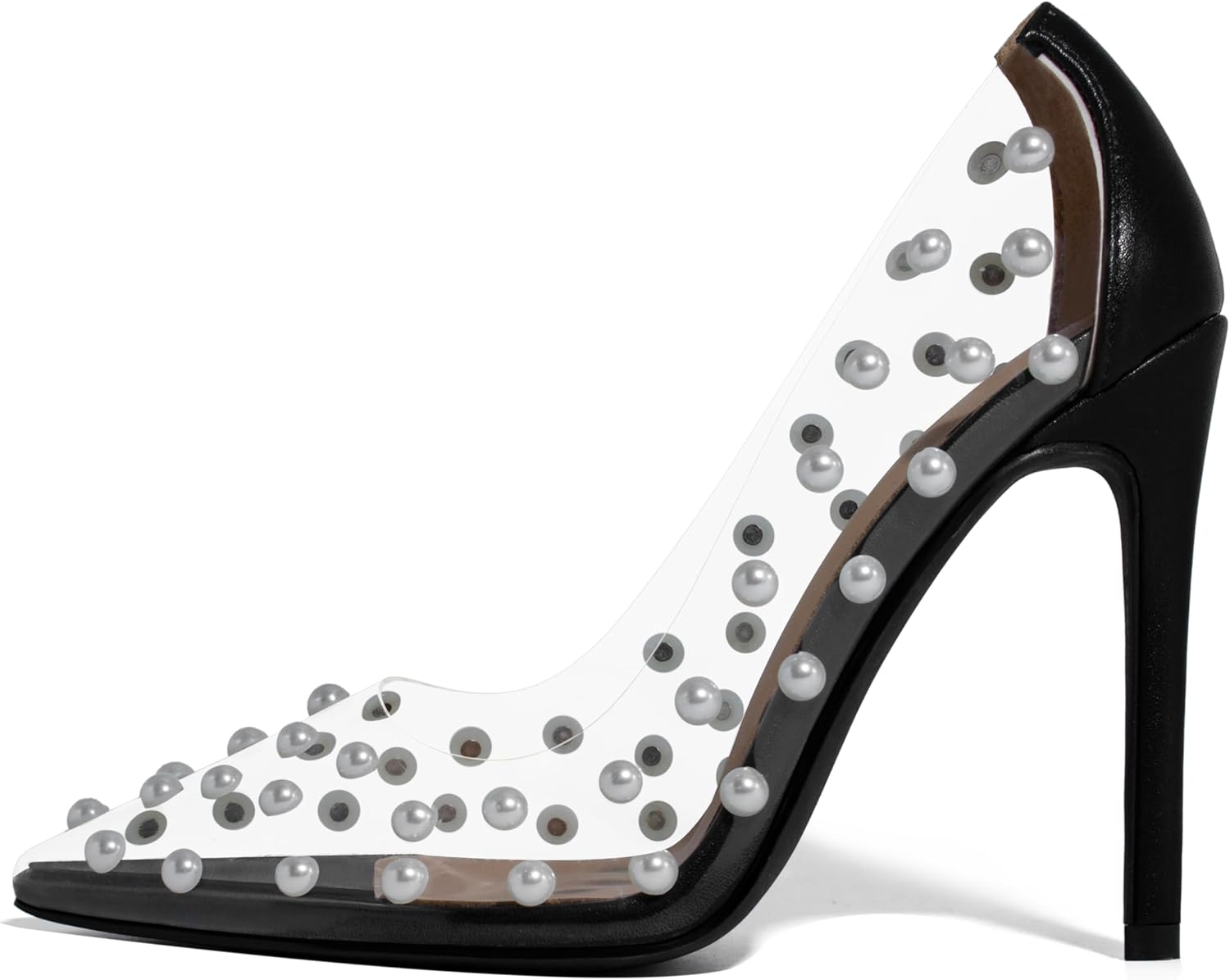 iadore Women's Pumps,11cm Pointed Toe Women High Heel Shoes Fashion Pearl Studded PVC Clear Heels Party Dress Pump Shoes - Image 4