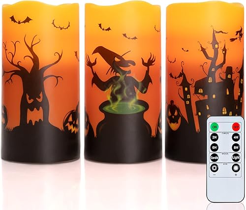 Miniatura 1 de Homemory Halloween Candles, Orange Flameless Candles, Flickering Battery Operated LED Pillar Candles with Remote Timers, for Halloween Decoration,