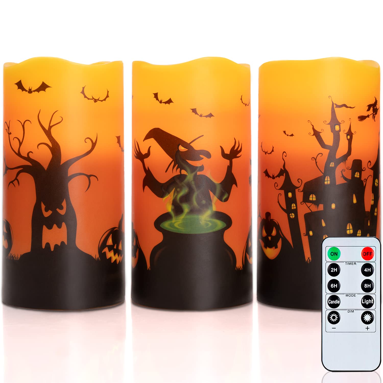Homemory Halloween Candles, Orange Flameless Candles, Flickering Battery Operated LED Pillar Candles with Remote Timers, for Halloween Decoration, Day of The Dead, Set of 3