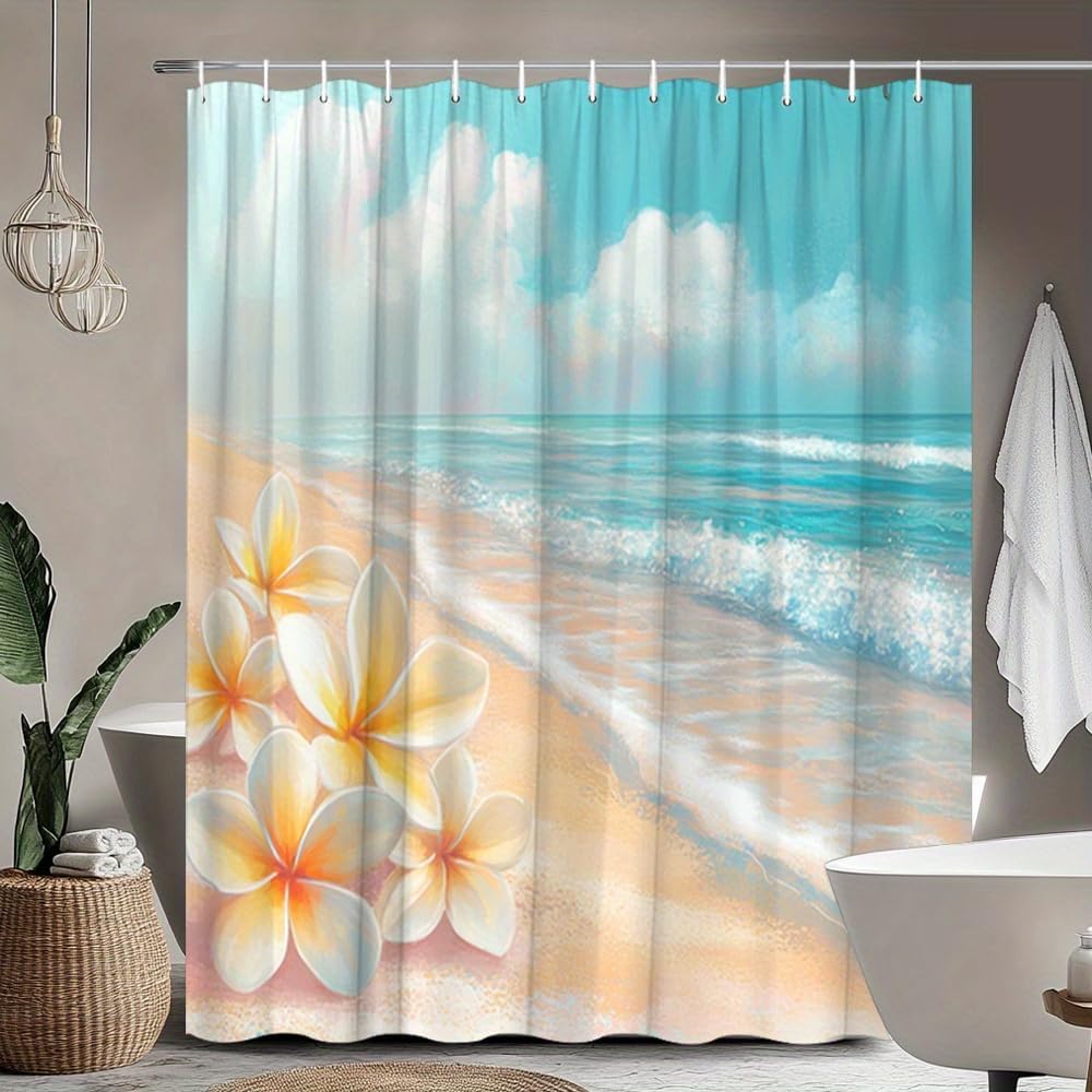 Tropical Beach Scene Shower Curtains - Pastel Blue to Sky Bath Curtain for Bathroom Bathtub Screen Decor with 12 Hooks 91x67inch/WxH Fabric Waterproof Shower Curtain