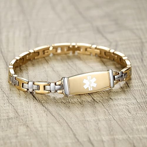 Miniatura 2 de LinnaLove Lady Medical Alert - Pulseras médicas de acero inoxidable para mujer, 7.5 pulgadas, Metal