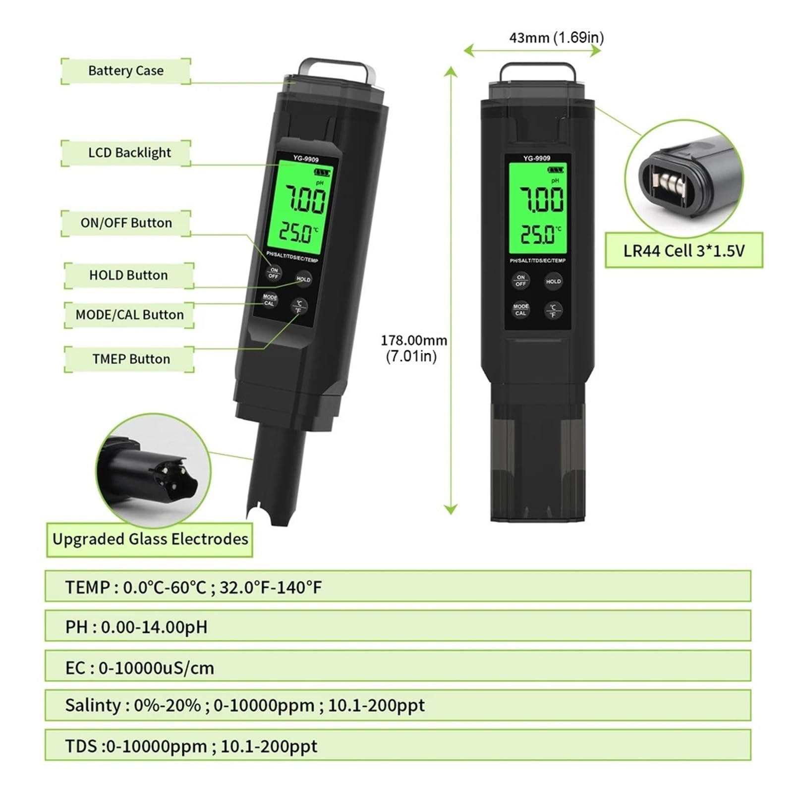 Penna Tester Digitale 5 in 1 for La qualità Del'acqua, Salinità, PH, Temperatura, EC E TDS, for Acqua Potabile, Idroponica, Acquari, Piscine Rilevamento Rapido E Preciso