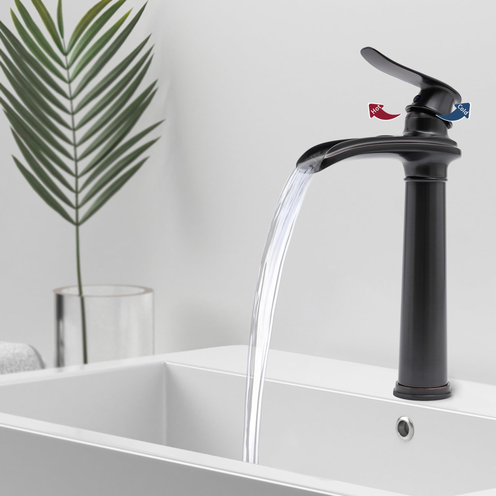 Schwarzer Bad Wasserhahn, Wasserfall Hoch Waschtischarmatur, Badarmatur mit Einstellbar Warm und Kaltwasser Einhebel, Waschbecken Mischbatterie für Badezimmer
