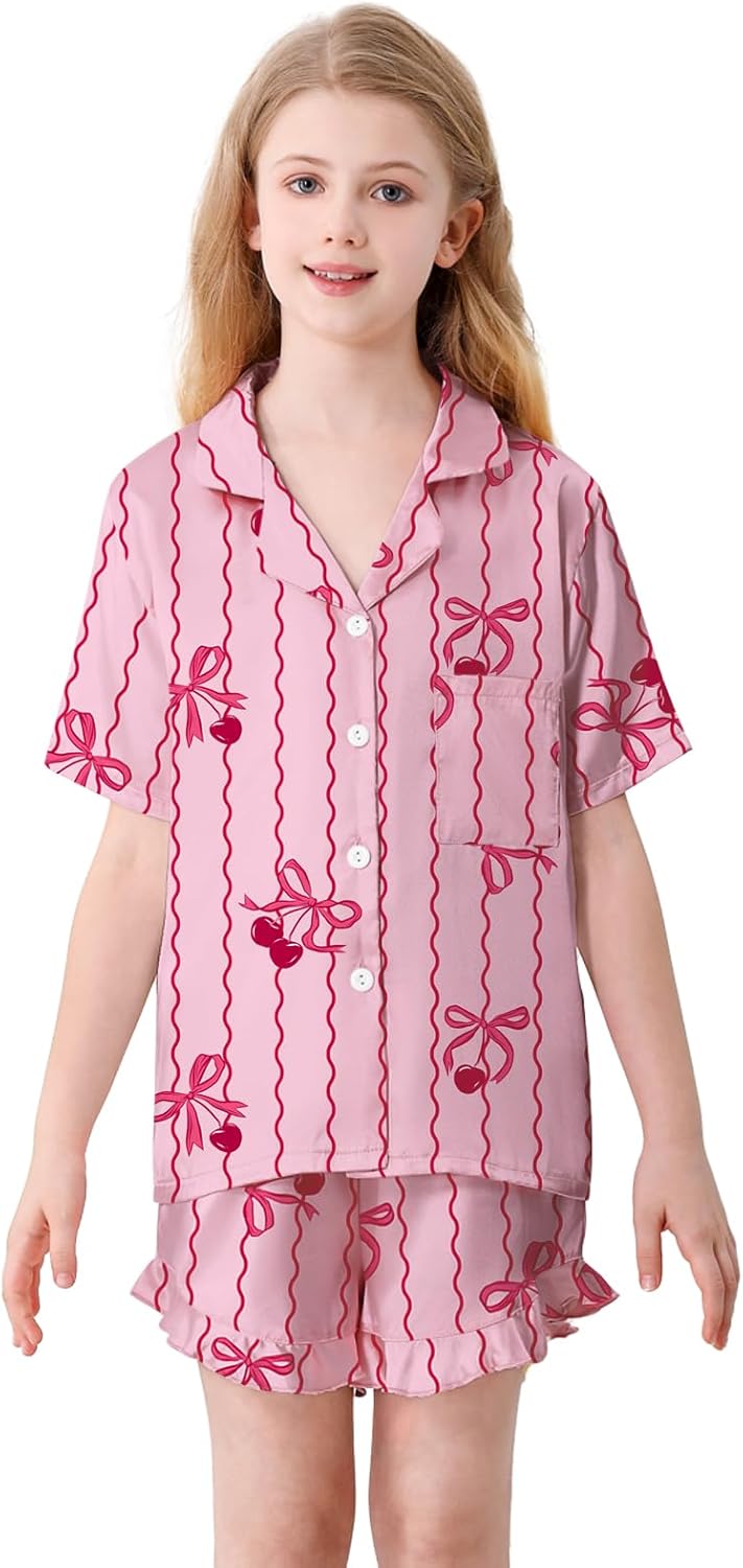 Umeyda Girls & Women Satin Pajamas Set Button Down 2 Piece Silk Pjs Shorts Set Ruffle Sleepwear, 5 Years-Women L - Image 2