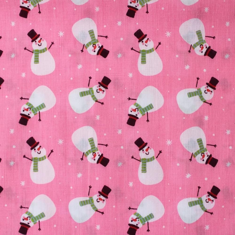 Polycotton Fabric Christmas Festive Snowmen Xmas Seasonal Characters 112cm Wide (Price Per Metre) (Pink)
