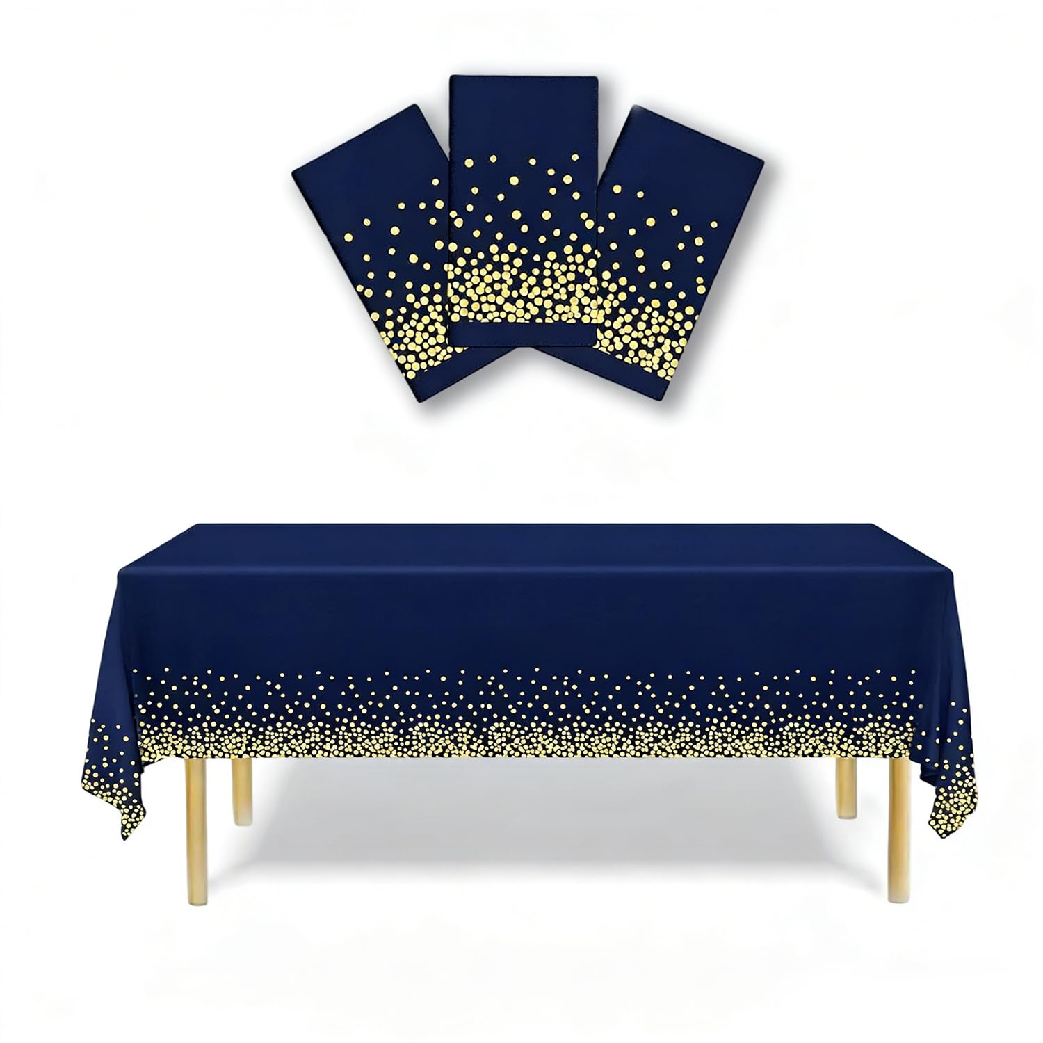 3 Pcs Dark Blue Gold Dots Tablecloth for Rectangular Tables, 54 x 108 Inch Waterproof Party Tablecloth for Birthdays, Weddings, New Year's Eve and Graduations