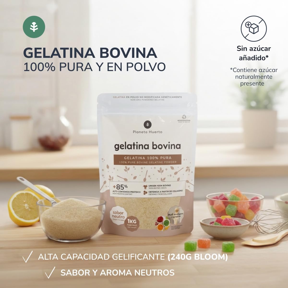 PLANETA HUERTO | Gelatina Bovina neutra en polvo fuente de colágeno 1 Kg