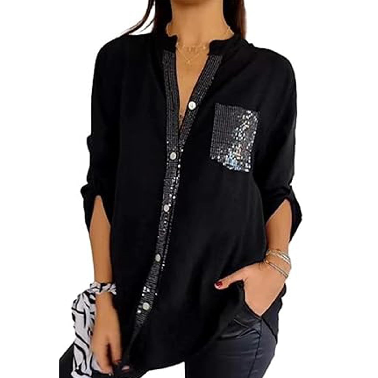 huyantie Cotton V-Neck Sequin Mid-Sleeve Casual Top,Glitter Sequin Short Sleeve V Neck Casual Tee Shirt Top for Women