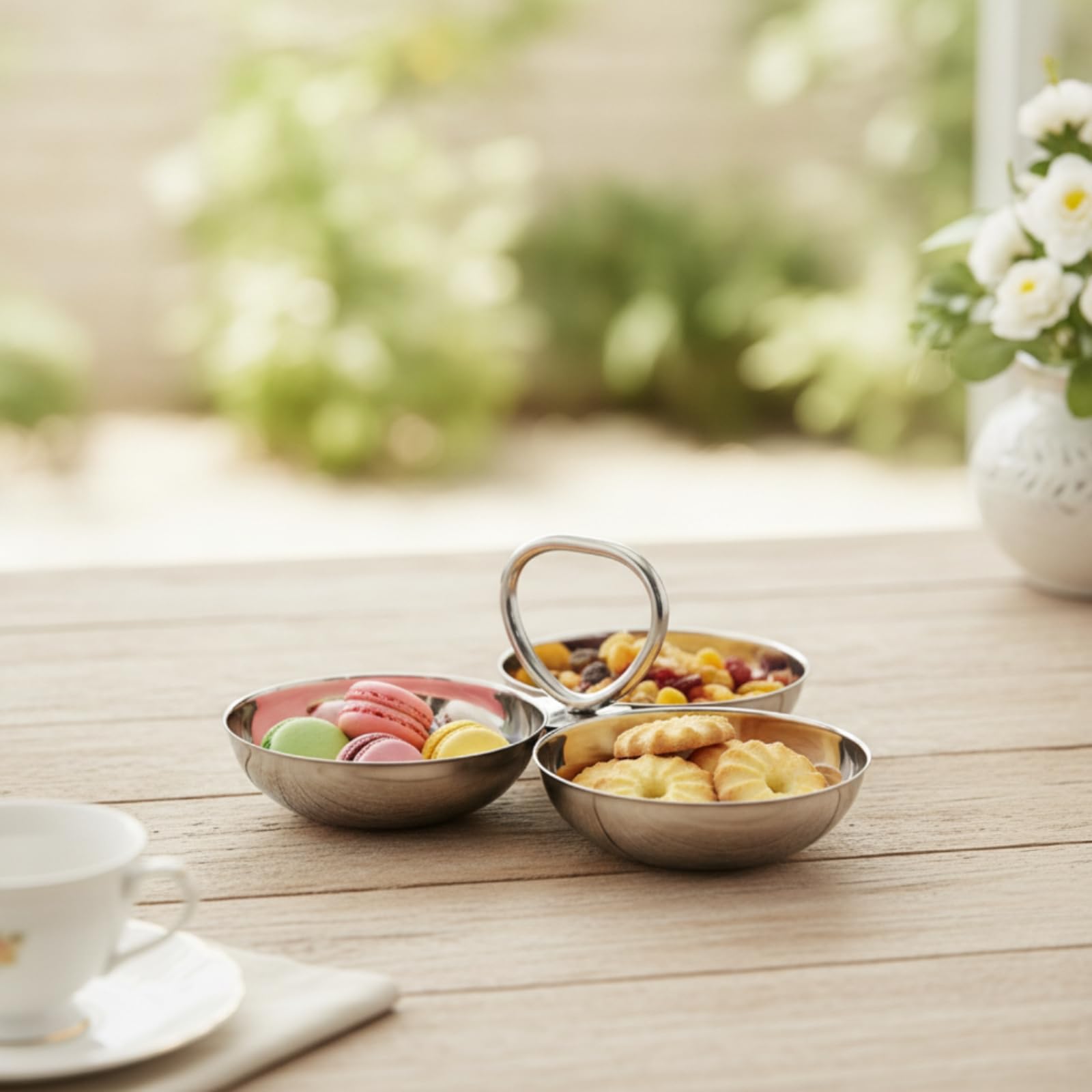 Bandeja para Postres Bandeja Fuente Plato de Servicio con 3 Compartimentos Redondos para Snacks Frutas y Dulces Adecuada para Cafetería Comedor Mesa, Plateado, Mango Redondo con Bola
